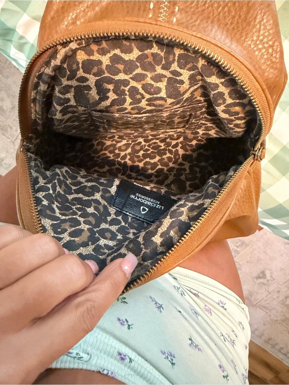 Liz Claiborne Brown Leather Mini Backpack Leopard Lined Zip Bag Purse